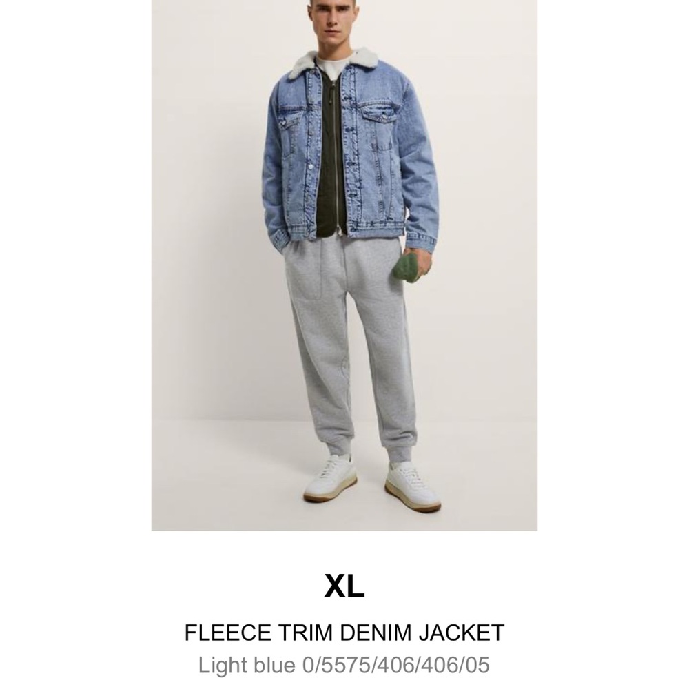 Zara Men's Light Blue Denim Jacket with Shearling Collar and Interior